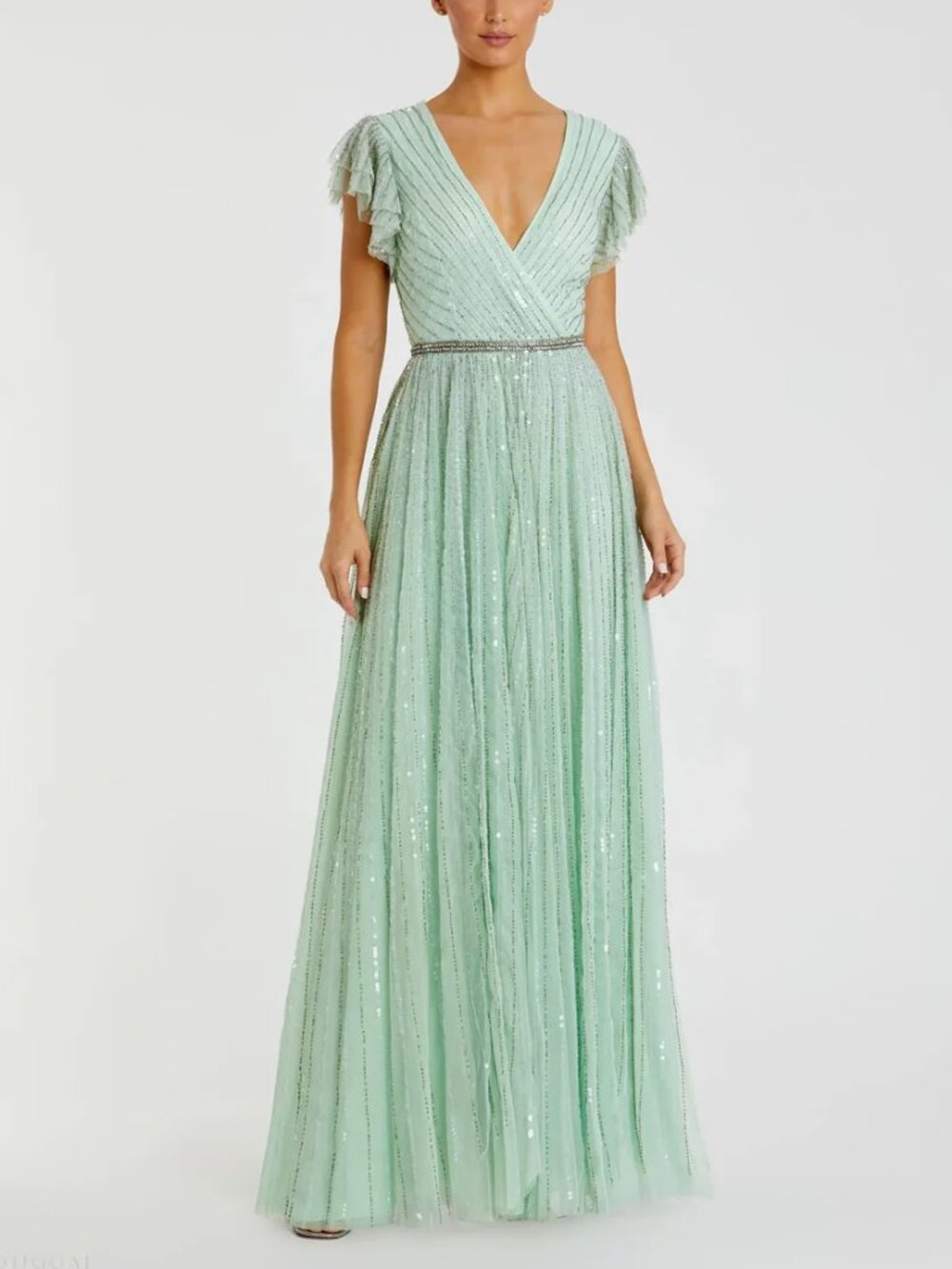Mac Duggal Green Sequined Gown Maxi Dress Ruffle Cap Sleeve 5502 Size 6